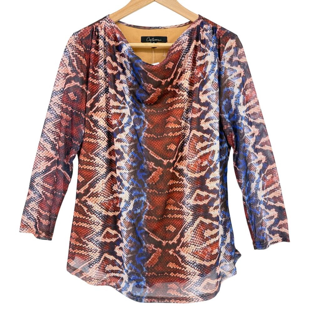 Calessa Snakeskin Print Mesh Drape Neck Shirt Womens Size Medium Snake